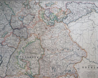 1907 IMPERIO ALEMÁN (sur) Gran mapa antiguo original, cartografía, mapa histórico, decoración de paredes, decoración del hogar, W & A. K Johnston Atlas