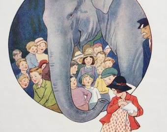 1937 Elephant Original Vintage Margaret Tarrant Children's Book Illustration - Nursery Decor - Mounted and Matted - Animal Art