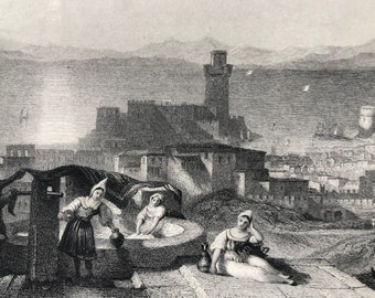 1871 Rhodes Original Antique Steel Engraving - Greece - Fine Art - Mounted and Matted - Available Framed