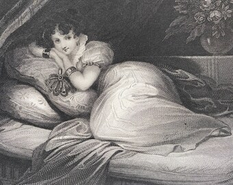 1836 The Widow of Ems Original Antique Print - Ralph Bernal Poem - Engraving - Portrait - Mounted and Matted - Available Framed