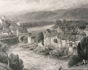 1876 Lauffenberg Original Antique Steel Engraving - The Rhine - Switzerland - Mounted and Matted - Available Framed