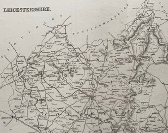 1845 Leicestershire Original Antique Engraved Map - UK County Map - Decorative Art - Cartography - Wall Decor