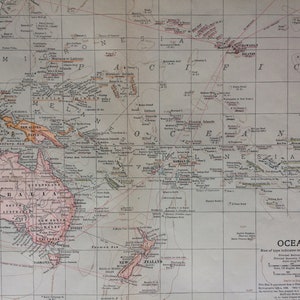 1903 Oceanica Original Large Antique Map showing colonial powers, railways, steamship lines, Ocean Depths - Pacific Ocean - Pacific Islands