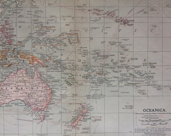 1903 Oceanica Original Large Antique Map showing colonial powers, railways, steamship lines, Ocean Depths - Pacific Ocean - Pacific Islands