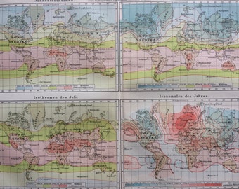 1896 Temperature Original Antique World Map - Isothermal Lines - Meteorology - Available Framed