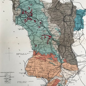 1913 Derbyshire Original antike kleine geologische Karte - Devon - UK County Map - Geologie - Verfügbar gerahmt