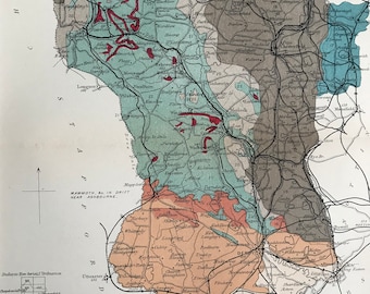1913 Derbyshire Original Antique Small Geological Map - Devon - UK County Map - Geology - Available Framed