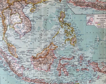 1924 East India Islands and Malay Peninsula Original Antique Map - Southeast Asia - Philippines - Malaysia - Thailand - Laos - Indonesia