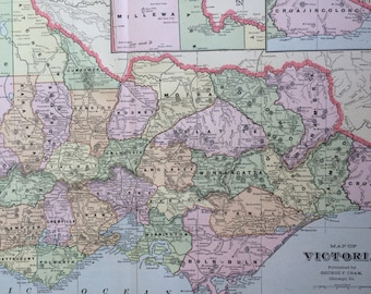 1901 VICTORIA Large Original Antique Map, 22.5 x 14.5 inches, Home Decor, Cartography, Geography, Vintage Decor