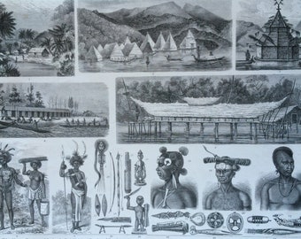 1870 New Guinea Villages and People Large Original Antique Engraved Illustration - Ethnography - Anthropology - Hut - Boat - Weapons