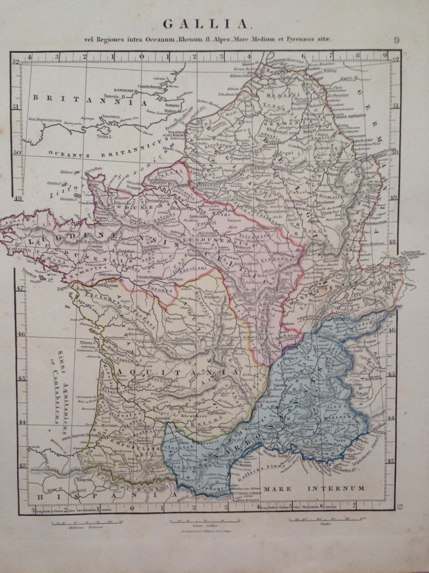 1865 GALLIA (France) Original Antique Hand-Coloured Ancient History Map ...