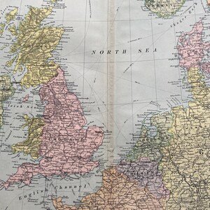 1896 Britische Inseln und Nordeuropa Original Antike Landkarte - Große Wandkarte - Frankreich, Belgien, Holland, Deutschland, Dänemark, Schweden, Irland