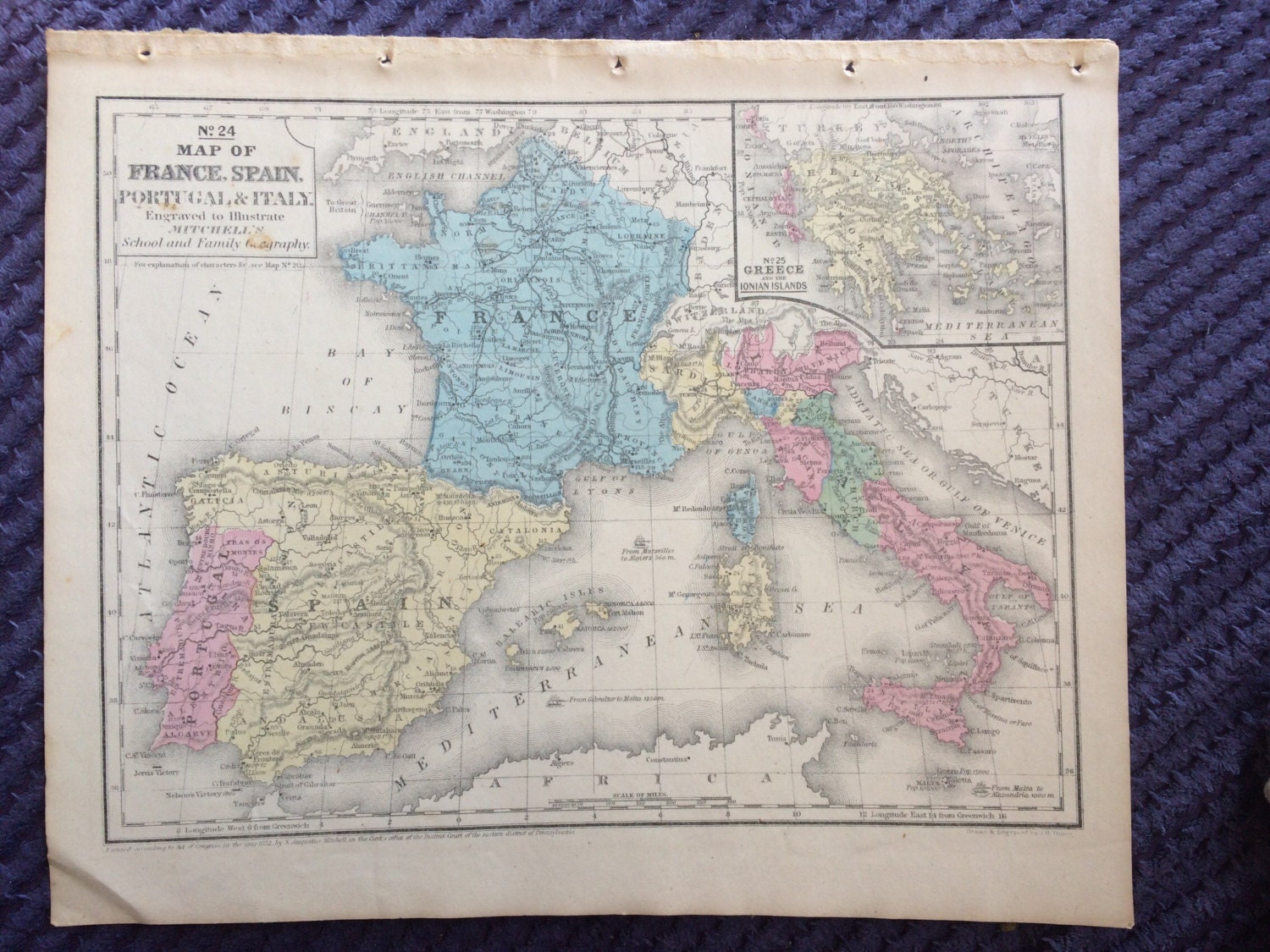 1855 SOUTH WEST EUROPE Original Antique hand coloured Map, 9.5 x 11.5 ...