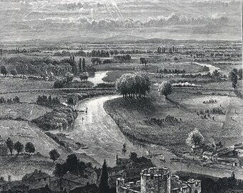 1876 The Thames Valley, From the Round Tower Original Antique Wood Engraving - Mounted and Matted - England - Landscape - Available Framed