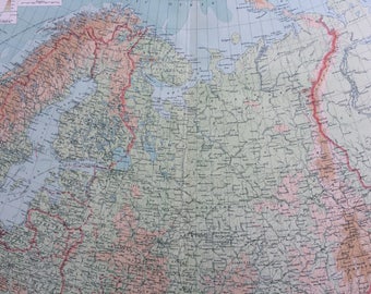 1922 NORTHERN RUSSIA & FINLAND Large Original Antique Times Atlas Physical Map - Baltics - Lithuania - Latvia - Estonia - Large Wall map
