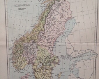 1887 Sweden & Norway with Denmark Original Antique Map - Wall Decor - Geography - Cartography - Home Decor - Scandinavia - Denmark