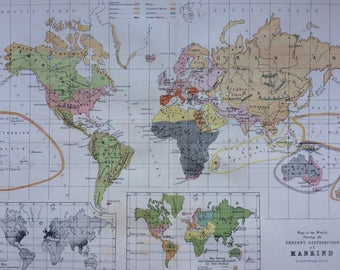 1871 Original Antique World Map showing the distribution of Mankind with inset maps showing prevailing religions and population density