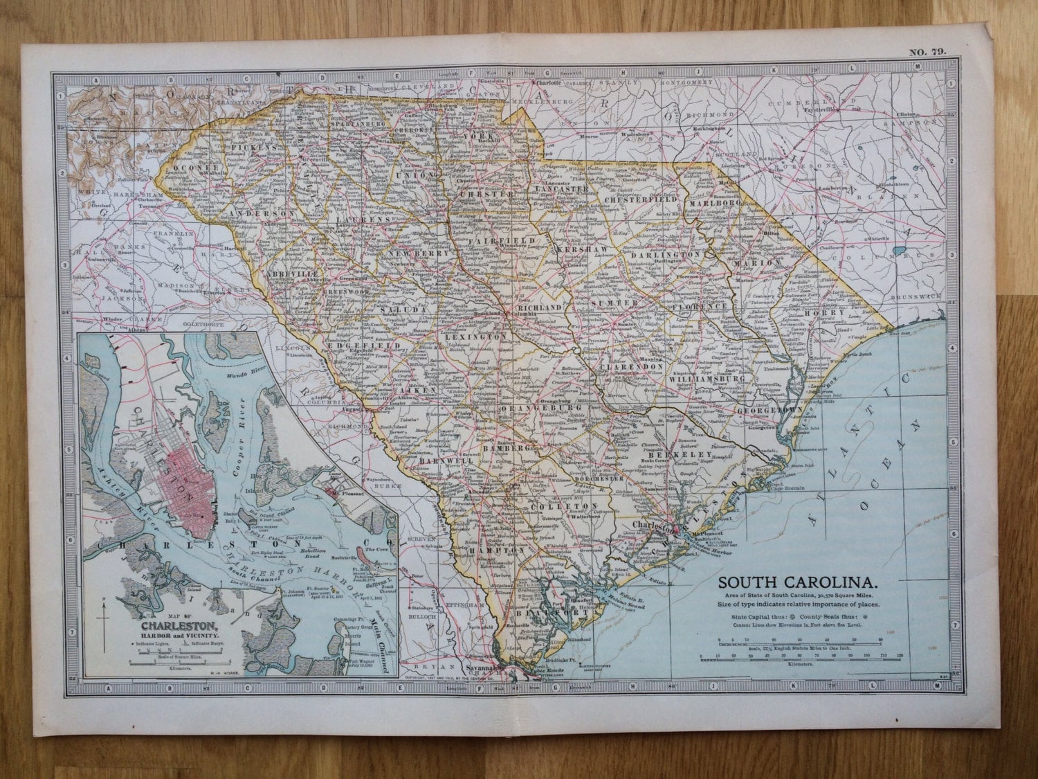 1903 SOUTH CAROLINA Original Large Antique Map Wall Map Home Decor Cartography 11 x 16