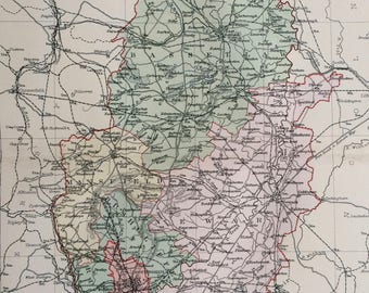 1895 Nottinghamshire original antique map, english county, cartography, gift idea - Available Framed - Framed Map