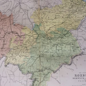 Carte ancienne originale des comtés de Roxburgh, Berwick, Selkirk et Peebles de 1868 - comté écossais - Écosse - décoration murale