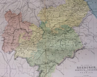 1868 Counties of Roxburgh, Berwick, Selkirk and Peebles Original Antique Map - Scottish County - Scotland - Wall Decor