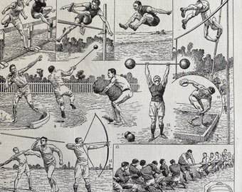 1923 Olympics Original Antique Print - Sports Decor - Archery, Weightlifting, Athletics, Hurdles - Mounted and Matted - Available Framed