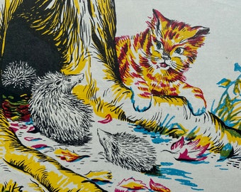 1940s Cat & Hedgehogs Original Vintage Illustration - Mounted and Matted - Animal Art - Available Framed