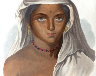 1855 A Woman of the Tuda Race Original Antique Hand Coloured Engraving - Human Races - Anthropology - Ethnography