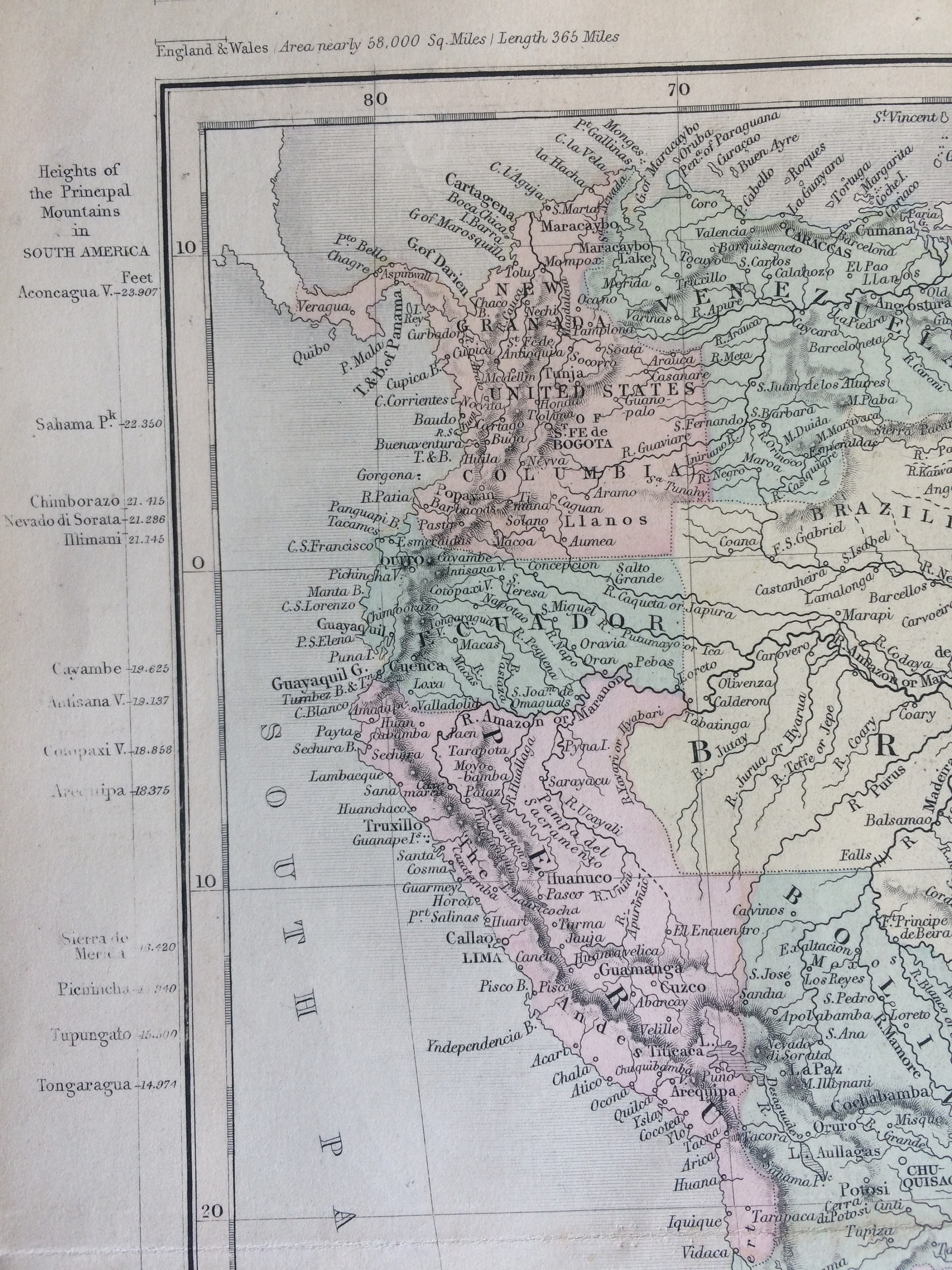 1870 SOUTH AMERICA Original Antique Map showing Height of Mountains and ...