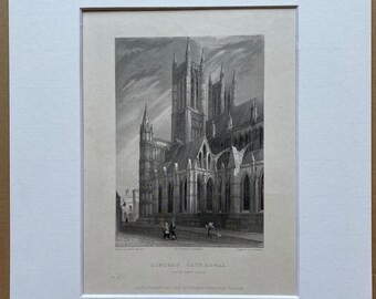 1838 Lincoln Cathedral - South West Angle Original Antique Engraving - Architecture - Mounted and Matted - Available Framed