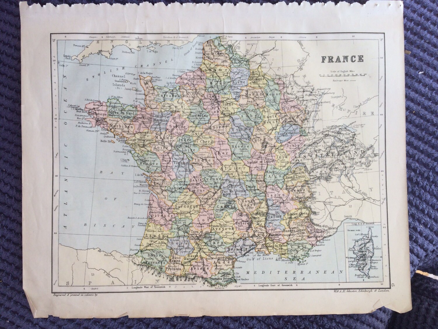 1890 FRANCE Original Antique Map, 11 x 14 inches, Johnston Atlas, Home ...