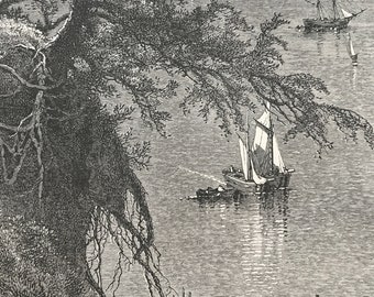 1895 Lake Erie, from Bluff, Mouth of Rocky River Original Antique Wood Engraving - Mounted and Matted - Decorative Art - Available Framed