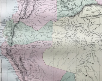1876 Venezuela, New Granada, Ecuador, Peru Large Original Antique A & C Black Map - Colombia - South America - Wall Decor