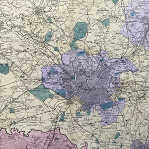 1902 Manchester (omgeving) originele antieke kaart - grote muurkaart - stadsplattegrond - Engeland