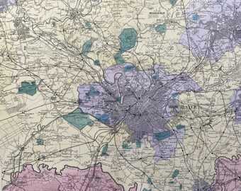 1902 Manchester (Environs) Original Antique Map - Large Wall Map - City Plan - England