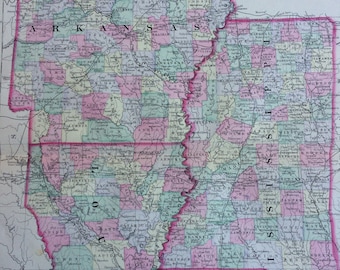 1888 ARKANSAS, MISSISSIPPI & LOUISIANA large rare original antique Mitchell Map - County Map - State - Wall Decor - Home Decor - Gift Idea