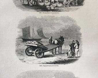 1856 Large Original Antique Fish Engraving - Herring Boats at Yarmouth Jetty, Yarmouth Beach-Cart, Herring Fishers  - Marine Wall Decor