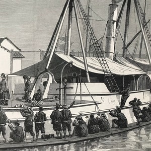1883 Chinese War Preparations - Overhauling a Gun-Boat in Shanghai Original Antique Print - China - Mounted and Matted - Available Framed