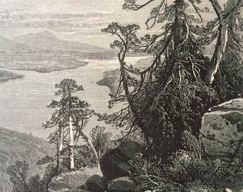 1874 Lake Memphremagog, North from Owls Head, Vermont Quebec Original Antique Wood Engraving - Mounted and Matted - United States