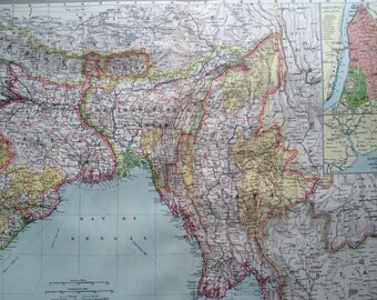 1903 The Bengal Provinces, Burma & Southern Tibet Large Original Antique Map, 15.5 x 20.5 inches, Harmsworth map, Bangladesh