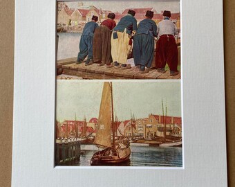 1940s Fishing Village in the Netherlands Original Vintage Print - Holland - Fishermen - Mounted and Matted - Available Framed
