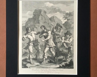c.1860 Don Quixote - The Unfortunate Knight by William Hogarth Original Antique Engraving - Satire - Mounted and Matted - Available Framed