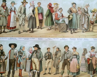 1897 Folk Costumes Original Antique Print - Available Framed - Period Fashion - History - Vintage Decor