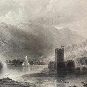 1840 Narrow Water Castle, Newry River Original Antique Engraving - Landscape Scenery - Ireland - Mounted and Matted - Available Framed