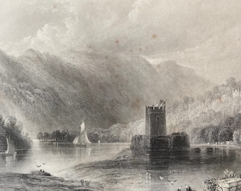 1840 Narrow Water Castle, Newry River Original Antique Engraving - Landscape Scenery - Ireland - Mounted and Matted - Available Framed