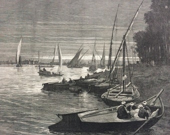1883 Sketches in Cairo: The Harbour of Boulak Original Antique Engraving - Victorian Decor - Egypt, Sailing Boat, Fishing Boat, Coastline
