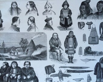 1870 Northeast Asian Tribes, Art and Culture Original Antique Print - Ethnography - Anthropology - Siberia - Tungusic - Available Framed