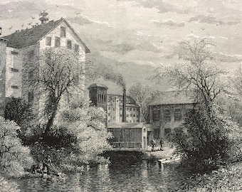 1895 Blackstone River Original Antique Wood Engraving - Rhode Island - Mounted and Matted - Decorative Art - Available Framed