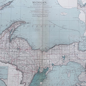 Carte ancienne originale du nord du Michigan de 1903 avec carte en médaillon de la rivière St Mary, MI, carte de l'État des États-Unis, États-Unis, décoration murale vintage, États-Unis