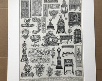 1897 Louis French Interior Styles Original Antique Print - Furniture - Clock - Table - Mounted and Matted - Available Framed